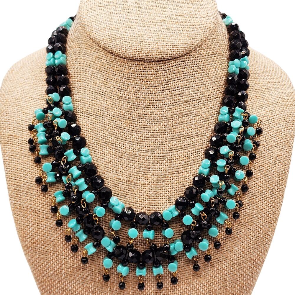 Vintage Hobé Bib Necklace Black Faceted & Aqua Bowtie Glass Beads 1950s